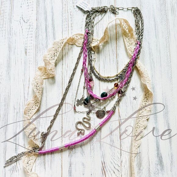 FREE PEOPLE Luca Silver Extreme Layered Necklace In Lilac NWT - Picture 3 of 7